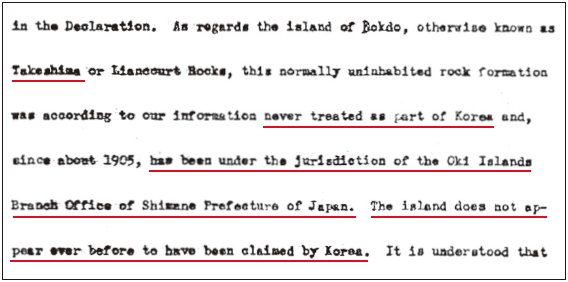 Ablehnung des Anspruchs der Republik Korea: Aus dem Brief des damaligen
Vizeaußenministers der Vereinigten Staaten für Fernost-Angelegenheiten, Dean Rusk, im
August 1951. （Kopie）